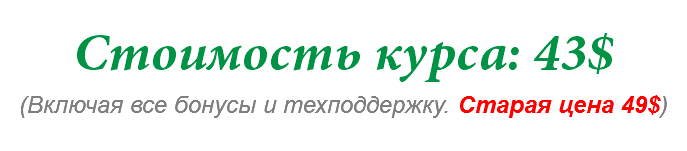 Стоимость курса: 43$ (Включая все бонусы и техподдержку. Старая цена 49$)